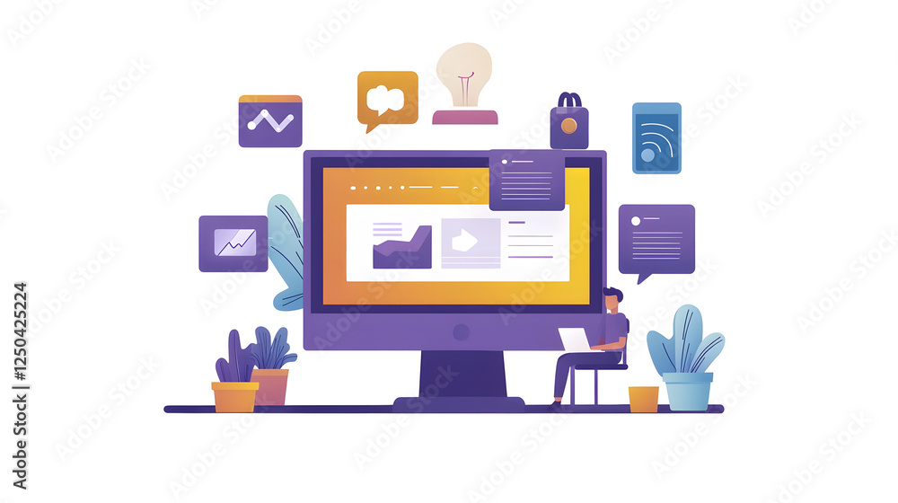 Poster A stylized of a modern efficient workplace setup featuring a desktop computer various digital devices and office accessories arranged on a desk conveying a sense of productivity technology