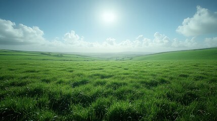 Obraz premium Sunny Green Field, Rolling Hills, Pastoral Landscape, Background Clouds, Nature