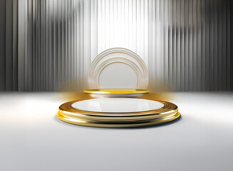 Elegant gold and white platform on a white surface is softly lit, set against a blurred striped background creating shadows and light interplay.