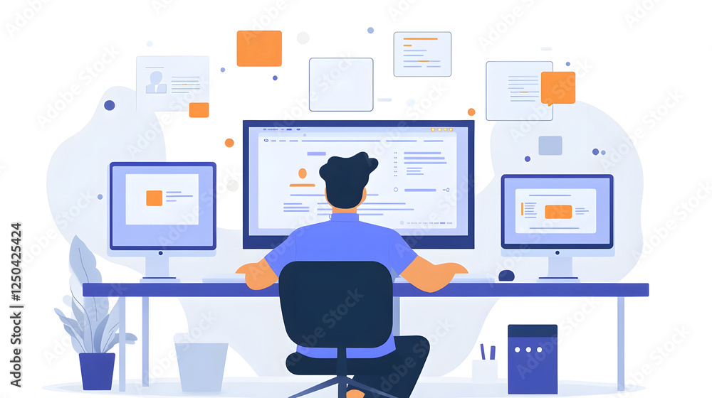Aufkleber businessman working diligently on a computer in a minimalist modern office workspace concept of remo