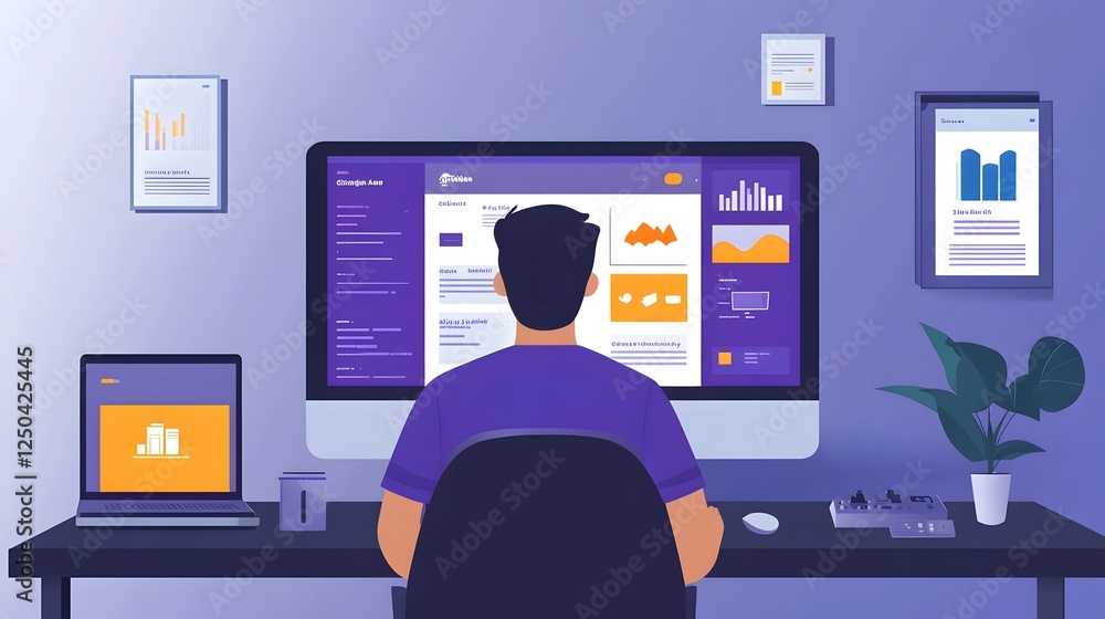 Poster Businessman analyzing data and financial graphs displayed on multiple computer monitors in a modern minimalist office workspace  Concept of data analysis financial planning business intelligence