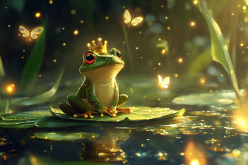 cute frog prince in a magical forest with butterflies and fireflies