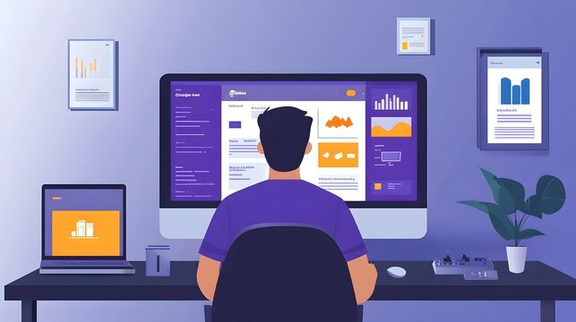 Businessman analyzing data and financial graphs displayed on multiple computer monitors in a modern minimalist office workspace  Concept of data analysis financial planning business intelligence