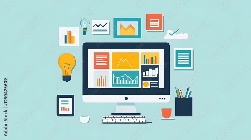 Poster Comprehensive Data Analytics Dashboard featuring various charts graphs and infographic elements for efficient business decision making strategic planning and data driven insights