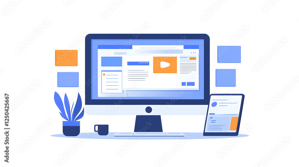Poster contemporary digital workplace with laptop computer monitor display and various accessories on offic