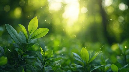 A soft, blurred background featuring gradients of green hues with light spots creating a bokeh effect,