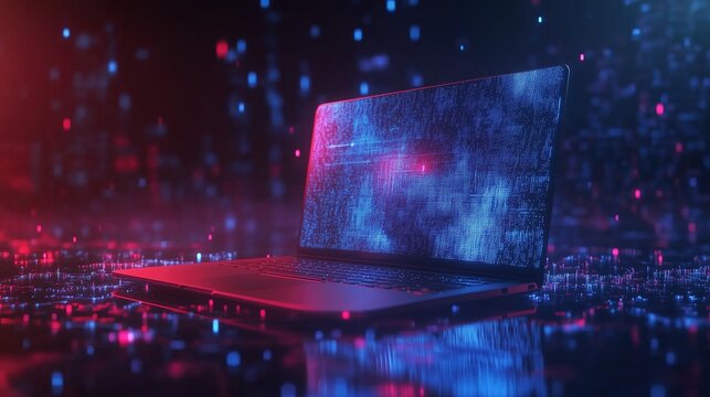 3D rendering of a laptop with a data and code flow background. Abstract technology digital hologram wave concept on a dark blue abstract background. 