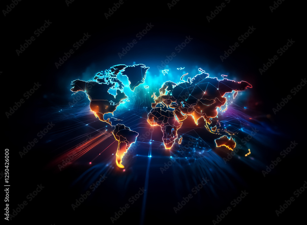 Aufkleber glowing world map with vibrant lights and rays against dark backdrop. global connections and network