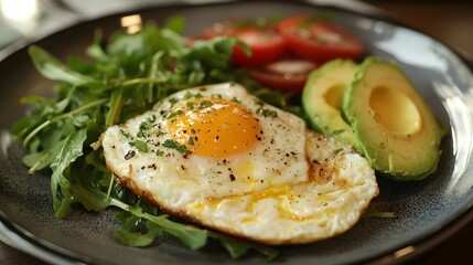 Delicious and nutritious breakfast plate featuring a fried egg creamy avocado and a vibrant salad of fresh greens and tomatoes  A wholesome and balanced meal that celebrates the beauty of simple