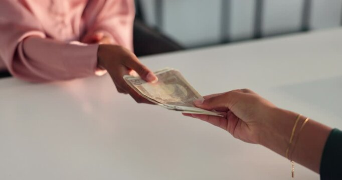 Person, hands and counting with money for loan, borrow or cash salary at office desk. Closeup, employer or accountant with euro bills or payment for profit, investment or company raise at workplace