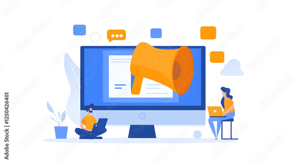Aufkleber digital marketing announcement displayed on computer screen with megaphone icon symbolizing online p
