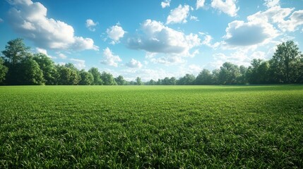 Sunny meadow landscape, green grass, trees, sky, nature, idyllic scenery, park, background, advertising