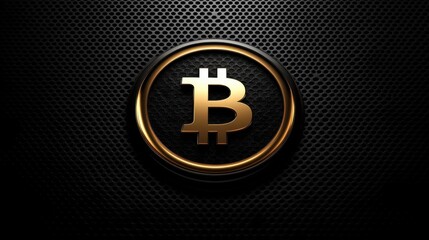 Obraz premium Shiny golden Bitcoin logo centered on a dark textured background
