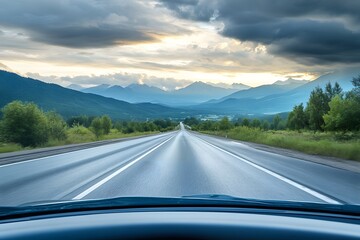 Mountain road trip sunset drive, scenic valley