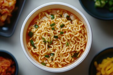 Delicious instant noodles with green onions in bowl