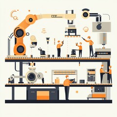 Modern industrial workspace with robotic automation and human collaboration.