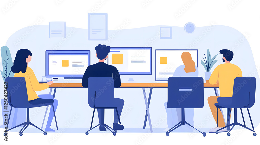 Aufkleber Diverse group of colleagues engaged in collaborative discussions analysis and problem solving at a modern office setting with computers and presentation displays