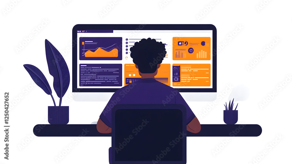 Poster Focused African American businessman analyzing data graphs and charts on computer monitor in his minimalist modern home office or remote workspace  Concept of data analytics business intelligence