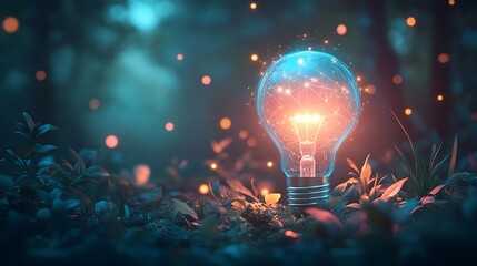 A futuristic glowing blue lightbulb with dynamic digital particles swirling around it representing breakthrough ideas