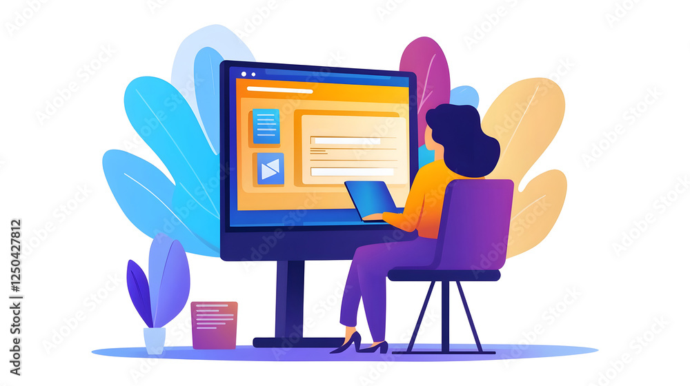 Aufkleber Focused and Determined Woman Working Productively on Computer in Office Workspace Demonstrating Efficiency Multitasking and Strategic Thinking for Career Success and Development