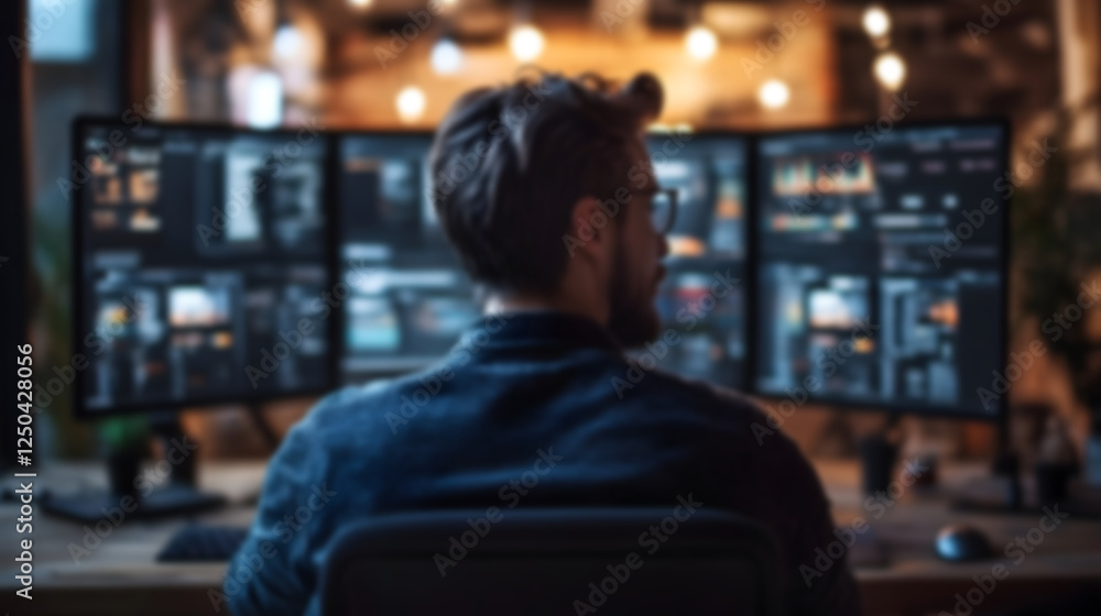 Leinwandbilder Blurry Focused Software Engineer Reviewing Code and Analytics on Multiple Computer Monitors in a Modern Home Office Workspace