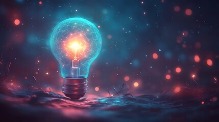 A conceptual artwork of a blue lightbulb with a glowing core surrounded by abstract technology-inspired patterns
