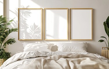 Bedroom mockup three gold frames, sunlit wall, plants