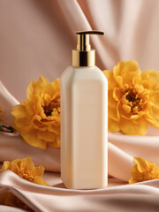 Elegant Lotion Dispenser with Golden Accents and Yellow Flowers
