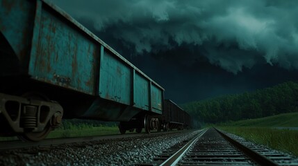 Obraz premium Freight train approaching storm, rural landscape, dramatic sky, transport