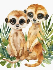 Obraz premium A playful watercolor illustration of baby meerkats on leaves, showing nature’s fun side and innocent beauty.