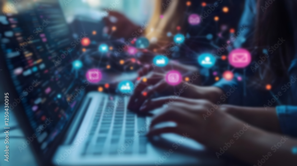 Aufkleber Blurry Innovative digital technology workspace with laptop hands typing on keyboard and various digital icons and elements symbolizing data software coding and technological progress