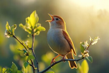 Fototapeta premium Singing bird perched on a sunlit branch