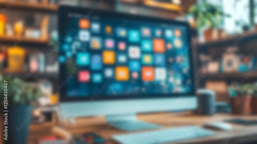 Poster blur modern and minimalist home office setup with laptop computer desk accessories and decor element