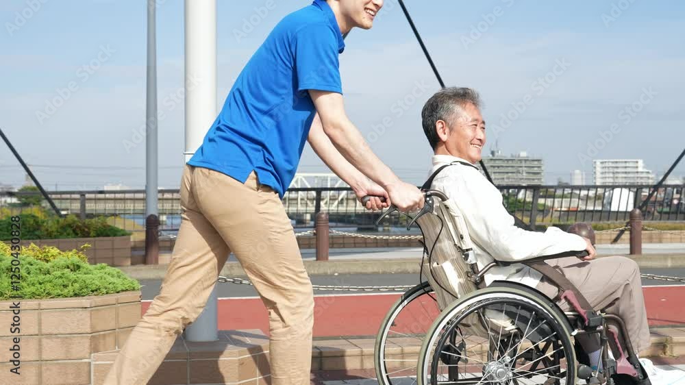 Poster 介護、車椅子、シニア、散歩、介護士、外出、ヘルパー、高齢者、お年寄り、街、笑顔、都市、社会、ウェルネス、福祉、ケアスタッフ、スタッフ、介助、老後、介護福祉士、橋、道路、歩道、バリアフリー、障害者、障害、ホームヘルパー、屋外、サービス、サポート、訪問、介護員、自立支援、リハビリ、健康、ヘルスケア、デイサービス、老人ホーム、付き添い、施設、青空、ポジティブ、元気、明るい、リラックス、男性、日本人、歩く