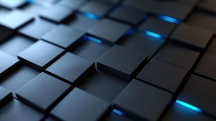 Abstract composition of dark cubes with glowing blue accents creating a modern digital aesthetic
