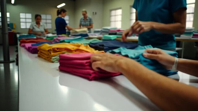Clothing Factory Workers Folding Colorful T-Shirts