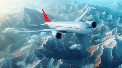 A sleek airplane flying over majestic mountain peaks with clouds in the background, showcasing travel