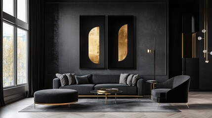 Elegant Modern Living Room with Dark Tones and Gold Accents