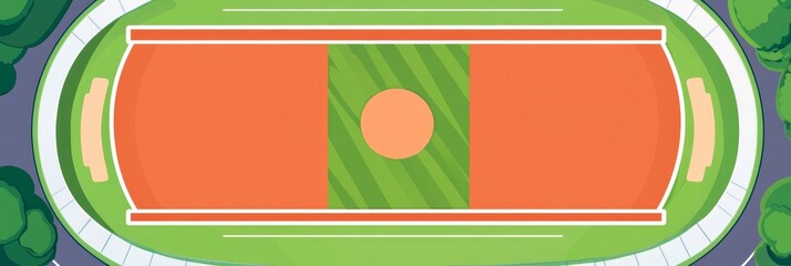 Fototapeta premium Aerial View of Running Track Stadium - Top-down view of an oval running track stadium with a green field and orange running lanes.