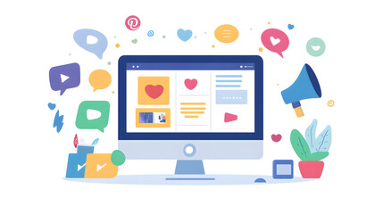 Social media marketing and digital technology network concept with icons infographic and computer desktop displaying interactive online platform