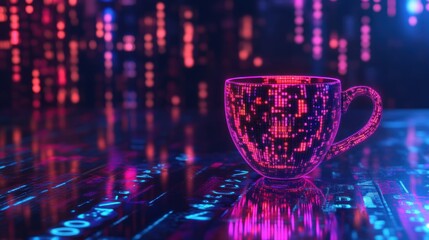 Neon Coffee Cup, Digital Data Background