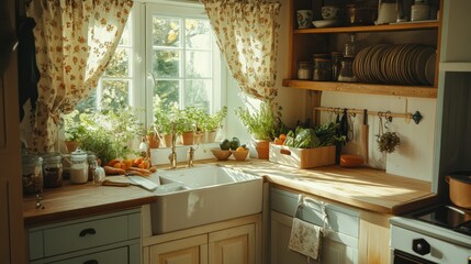 Rustic kitchen with farmhouse sink, fresh herbs, and wooden countertops bathed in sunlight. Perfect for blogs, magazines, or websites showcasing country-style living and healthy cooking.