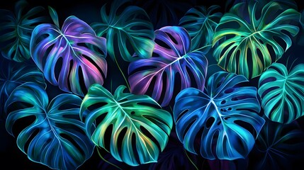 Vibrant Tropical Monstera Leaves: A Neon Jungle Night