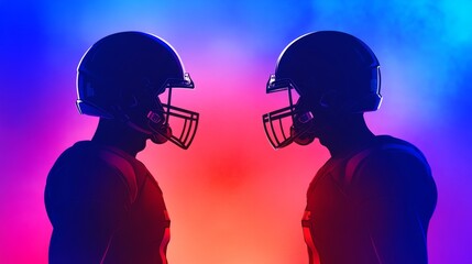 American Football Players Facing Off - Two silhouetted American football players face each other, set against a vibrant red and blue background.  Ready for action.