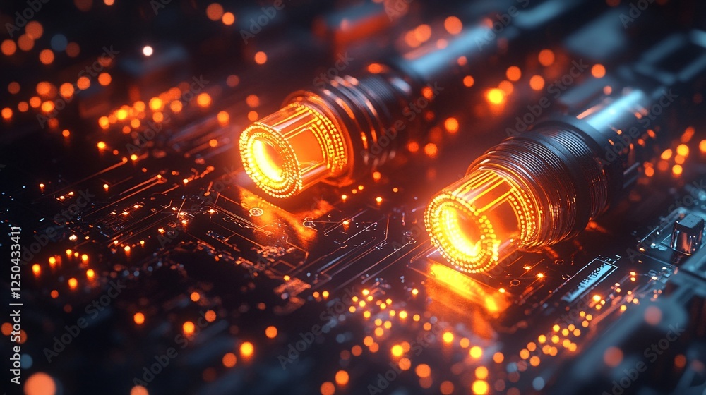 Poster a close-up view of glowing electronic components on a circuit board, showcasing intricate details an