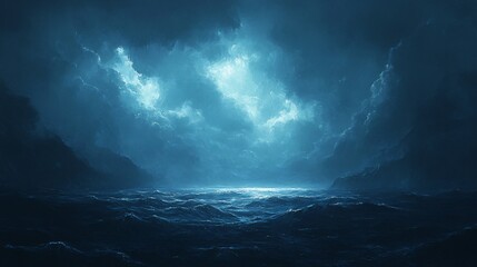 A dramatic seascape under a stormy sky, featuring dark clouds and shimmering ocean waves illuminated by mysterious light.