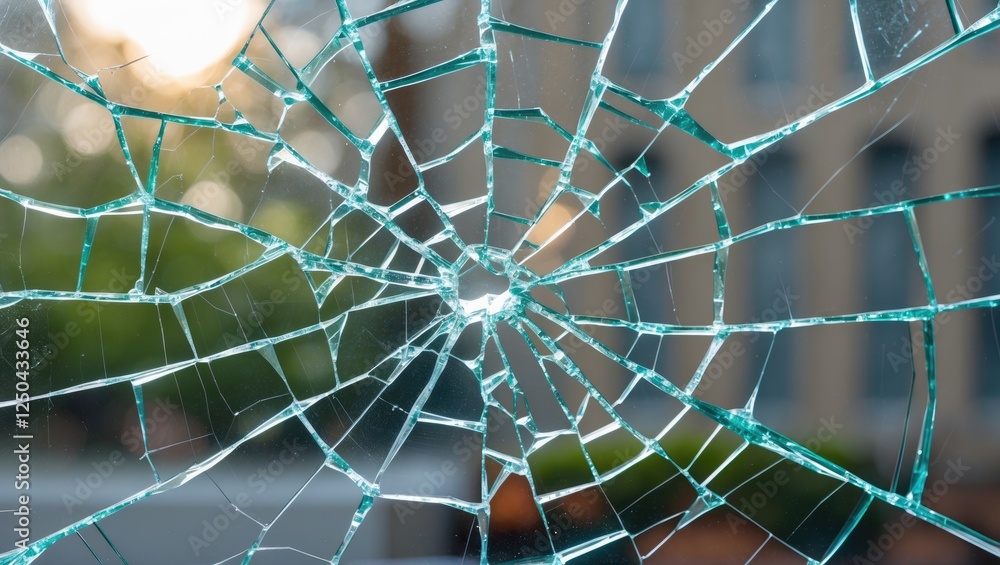 Poster close-up of a shattered glass pane displaying an intricate spiderweb crack pattern radiating from a 