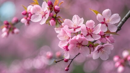 Vibrant pink cherry blossoms in full bloom showcasing soft petals and dark pink centers against a blurred floral backdrop symbolizing spring.