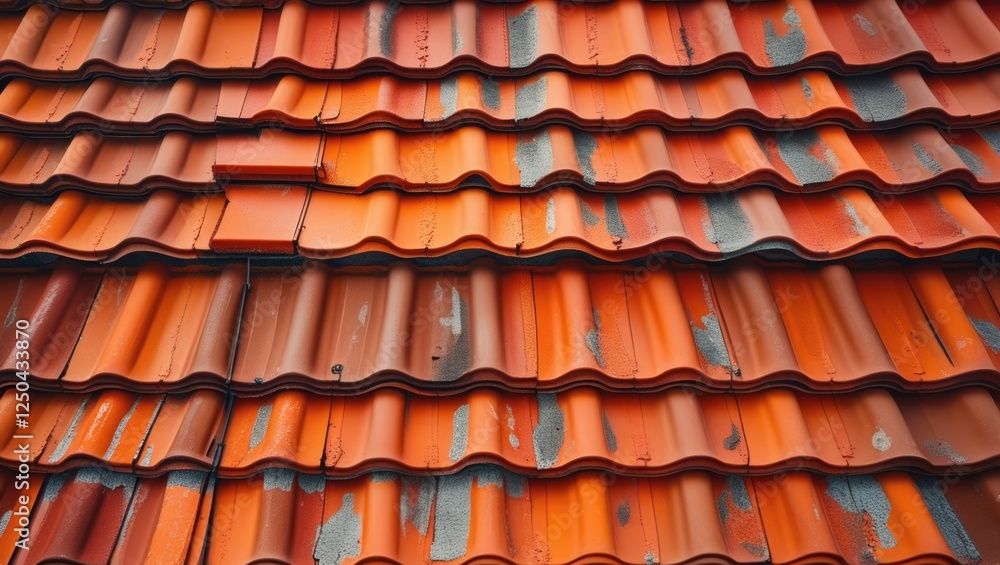 Poster orange terracotta roof tiles pattern with weathered textures and curves creating an abstract design 