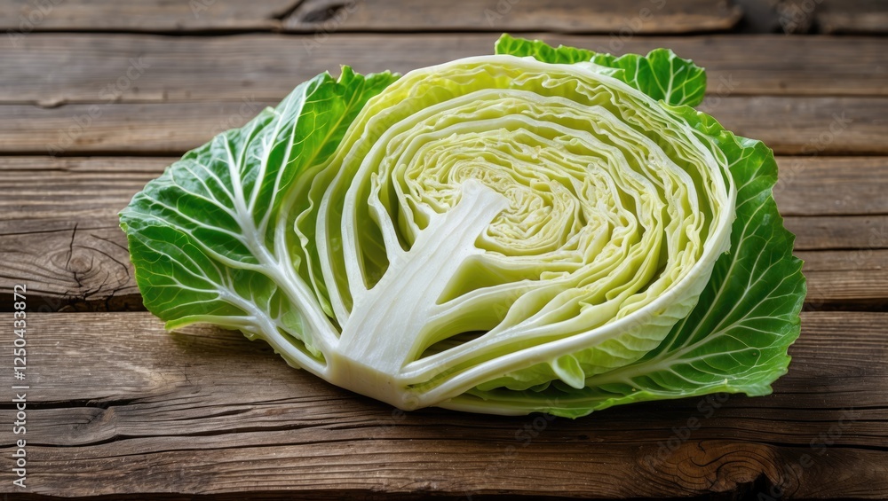 Poster freshly cut crispy cabbage slice displayed on rustic wooden surface showcasing vibrant colors and te